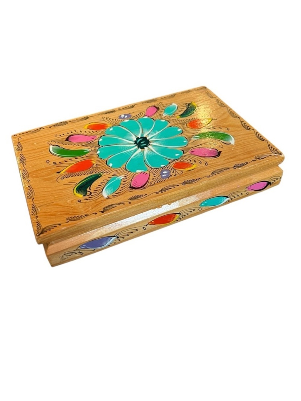 Vintage Wooden Jewelry Trinket Box Hand-painted Mexico Boho